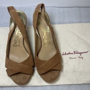 Salvatore Ferragamo Tan Suede Leather Wedge Heel Open Toe Sandals Sz 6C Italy